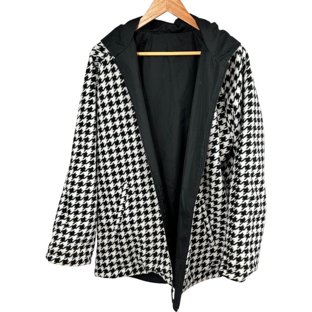 Ronnie Salloway Houndstooth Hooded Fleece Jacket Black White 1X